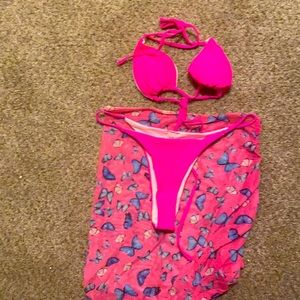 Pink 3 piece pink bikini with over skirt